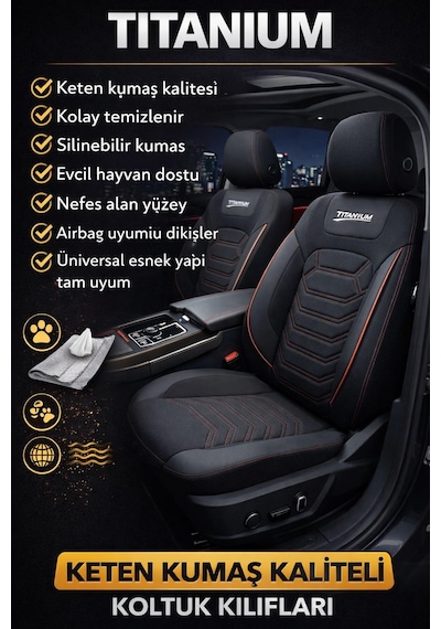 Titanyum Serisi Lüks Keten Oto Koltuk Kılıfı- Hyundai İ20-i30-accent-blue-era-getz Uyumlu Kırmızı