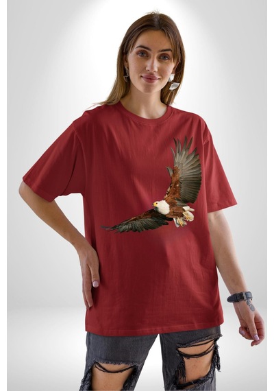 Kartal Özgürlük Pamuklu Bisiklet Yaka Unisex Oversize Boyfriend Dijital Baskılı Kırmızı T-shirt Kırmızı