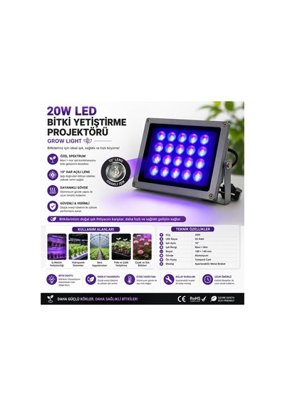 20w Led Bitki Yetiştirme Projektörü Grow Light Uv Lamba 10 Lensli - 180 140 Mm