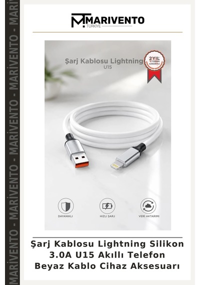 Şarj Kablosu Lightning Silikon 3.0a U15 Akıllı Telefon Beyaz Kablo Cihaz Aksesuarı