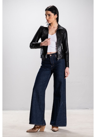 Dericlub Breeze Kadın Dik Yaka Slim Fit Gerçek Deri Mont Siyah Siyah