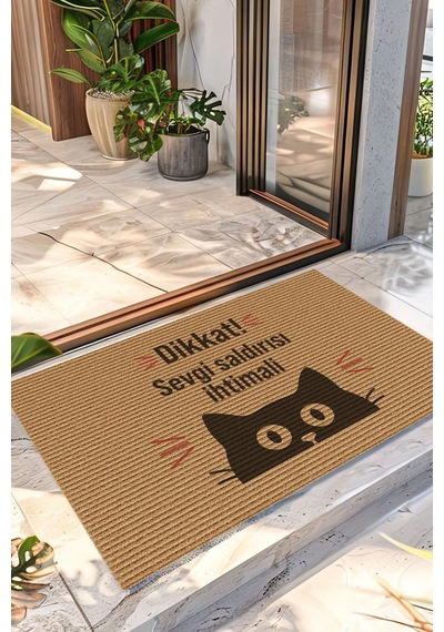 Decovetro Kapı Önü Halı Paspas Kedi Dikkat Sevgi Baskılı 40 X 60 Cm Çok Renkli