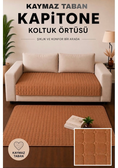 Kare Desenli Tek Parça Kaymaz Taban Kapitone Koltuk Örtüsü Çekyat Kanepe Örtüsü 70x190 Kahverengi Kahverengi
