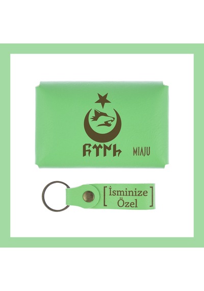 Miaju Fıstık Yeşil, Bozkurt Ay Yıldız Desenli, İsme Özel Cüzdan Ve Anahtarlık Set, Mükemmel Hediyelik Anı Fıstık Yeşil