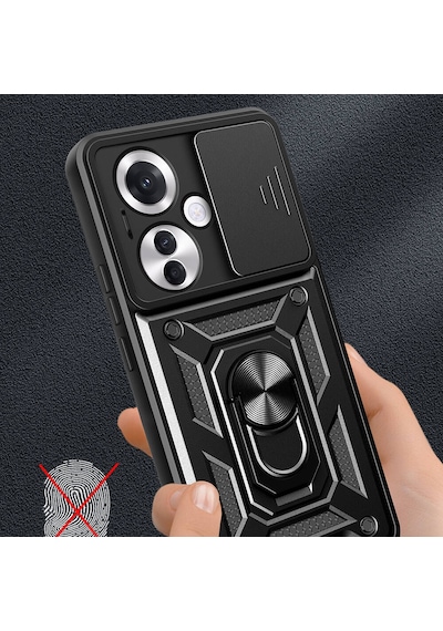Oppo Reno 11f 5g Kılıf Magnetik Standlı Kamera Korumalı Zore Sürgülü Vega Kapak Siyah