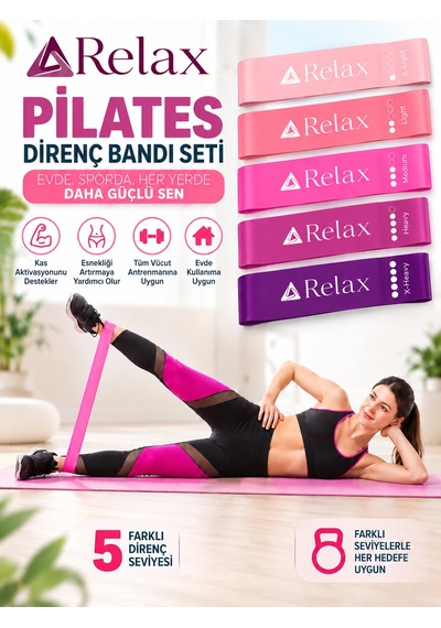 5 Seviyeli Pilates Direnç Bandı Seti Light Tan X-heavy Ye Fitness, Esneme Ve Tüm Vücut Egzersiz Bandı Pembe