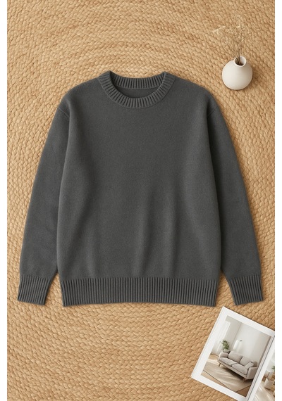 Femelle Kadın Füme Standart Beden Oversize Basic Triko Kazak - 357