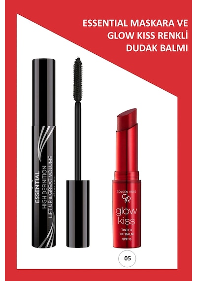 Essential Hacim Veren Maskara & Glow Kiss Renkli Dudak Nemlendirici No:05 Makyaj Seti
