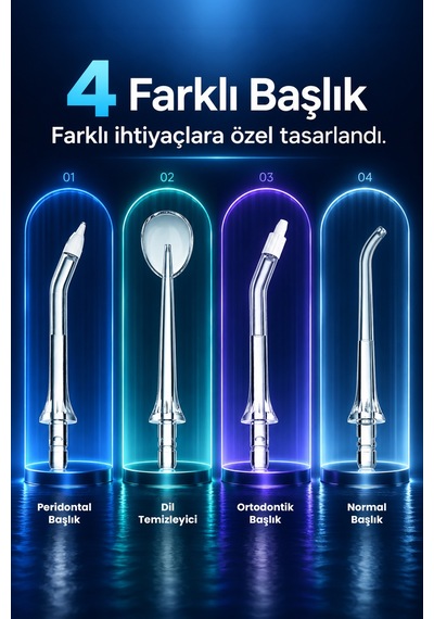 Aquadent Sensitive Ağız Duşu 4 Modlu 4 Başlıklı Type-c Şarjlı Ipx7 40-130 Psı