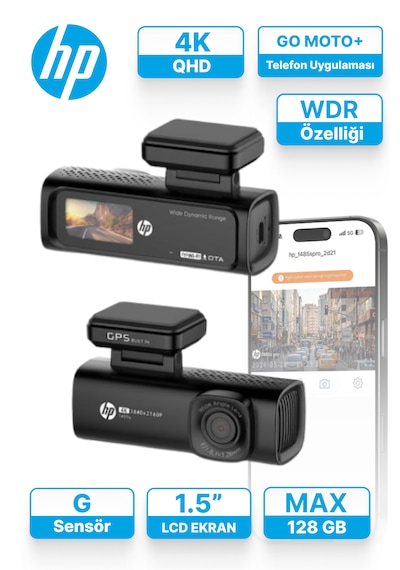 Hp F499x 4k Ultra Hd Akıllı Araç İçi Kamera - Dahili Gps'li, 1.5" Lcd Ekranlı, Wi-fi Telefon Bağlantılı, Wdr Gece Görüşlü Ve G-sensörlü Oto Kamera