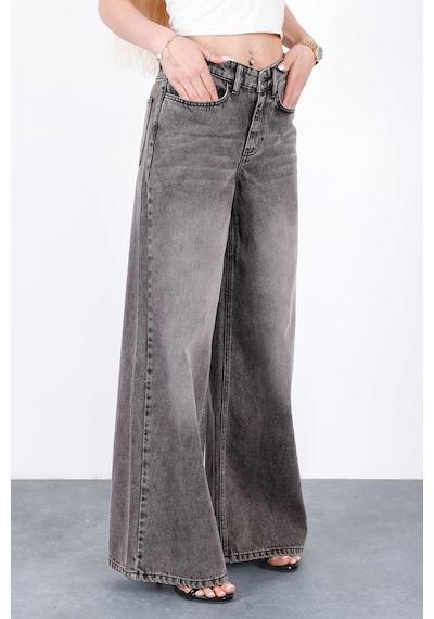HLT Jeans Gri Kar Kadın Wide Leg Jean %100 Pamuklu Yüksek Bel Palazzo Kot Pantolon Angel-2050 Kar Yıkama