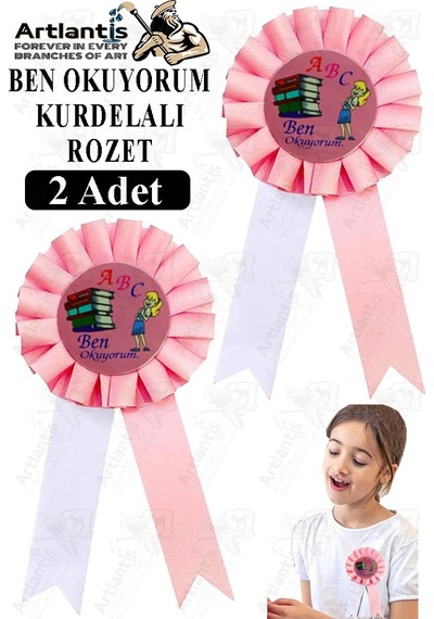 Ben Okuyorum Kurdelalı Rozet 2 Adet Pembe Beyaz Yaka Rozeti Çocuk Bayram Etkinlik 15 Cm