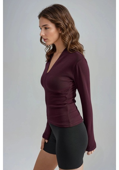 Hiccup Busem Slim Fit V Yaka Uzun Kollu Bluz Leylak Moru