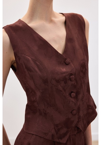 Sateen Jakarlı Yelek - Kahve-136838 Kahve