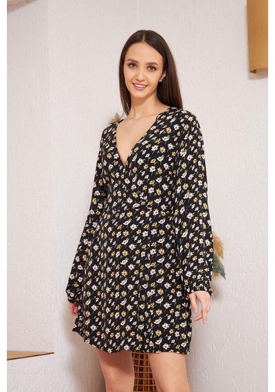 Darlin Moda Siyah Çiçek Desenli Elbise Dm1025