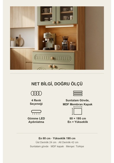Barista Led Aydınlatmalı Kahve Köşesi Dolabı Retro Büfe 195cm Mdf Koyu Yeşil