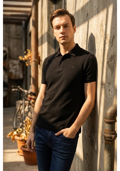 Süvari Slim Fit Düz Baskısız Pike Düğmeli Polo Yaka Nefes Alabilen T-shirt Siyah