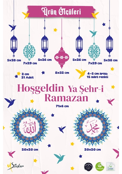 Ramazan Cam Sticker Seti Çift Taraflı Hoşgeldin Ya Şehr-i Ramazan Pencere Süsü Ramazan Ayı Özel Dijital Baskı