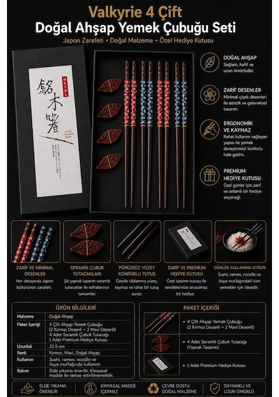 Valkyrie 4 Çift Doğal Ahşap Yemek Çubuğu Seti 8 Adet Japon Chopstick 4 Yaprak Ahşap Tutacak, Kutulu 22,5cm