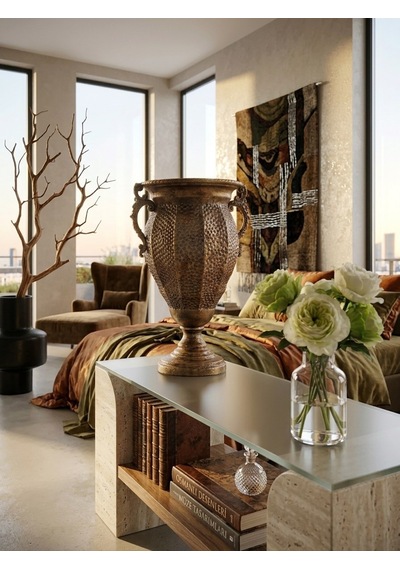 Metal Antik Gold Dekoratif Vazo 43 X 24 Cm Antika Altın