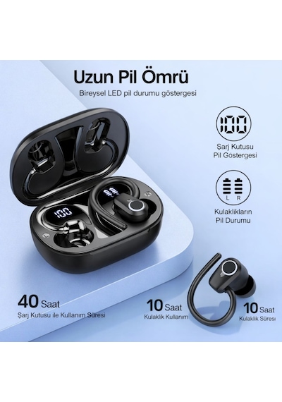 Polham Bt5.4 Kancalı Mikrofonlu Bluetooth Kulaklık 500mah Şarj Kutulu Dijital Göstergeli Spor Kulaklık
