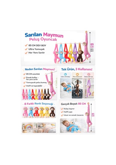 Sarılan Maymun Peluş Oyuncak 85 Cm Birbirine Yapışan Eller, Renkli Sevimli Askılı Oyuncak Kahverengi