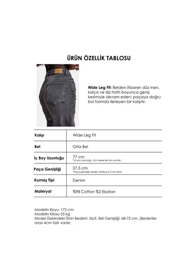 Kadın Füme 4w6-14 Wide Leg Fit Esnek Kumaş Denim Jean