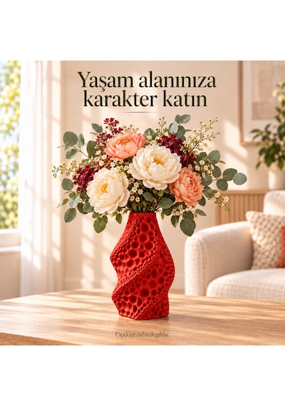 Dekoratif Vazo Burgu Formlu Taş Dokulu Modern Kuru Çiçeklik Kırmızı