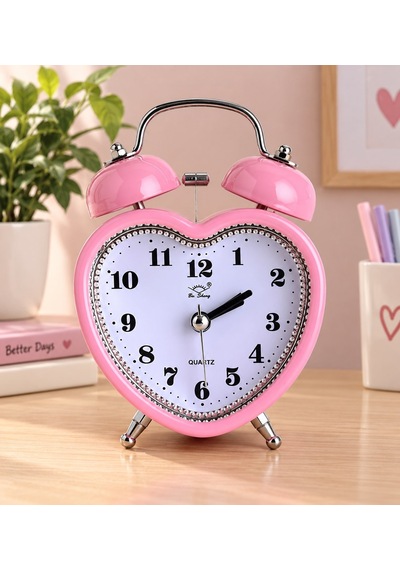 Pembe Kalp Tasarımlı Çift Zilli Metal Çalar Saat Dekoratif Masa Saati Beyaz - Bej