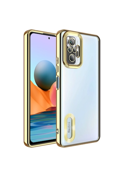 Fibaks Redmi Note 10 Pro Uyumlu Kılıf Kamera Lens Korumalı Şeffaf Renkli Logo Gösteren Parlak Kapak Gold