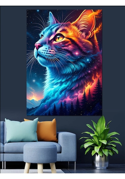 Ahşap Tablo Renkli Uzaylı Kedi Portresi