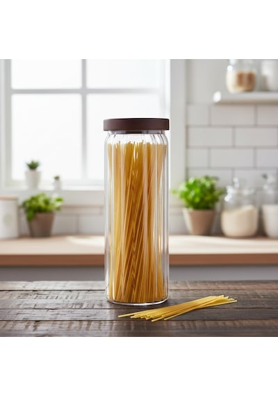 Akasya Kapaklı Uzun Çizgili Cam Kavanoz 1250 Ml Hava Geçirmez, Modern Fitilli Tasarım Gıda Açık Şeffaf