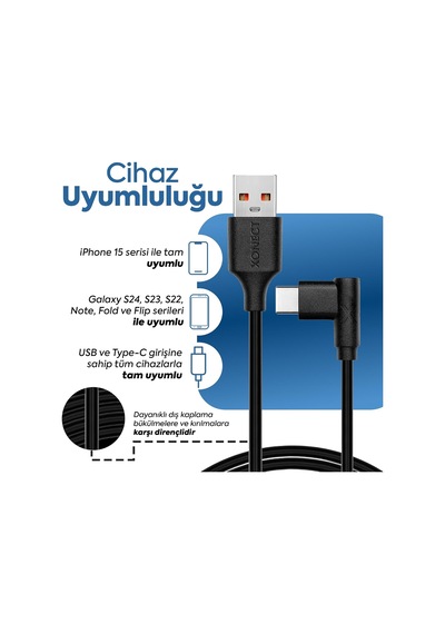 Usb To Type-c İle Uyumlu İphone Ve Samsung İle Uyumlu Hızlı Şarj Ve Data Kablosu 200 Cm L Tipi Gaming Beyaz