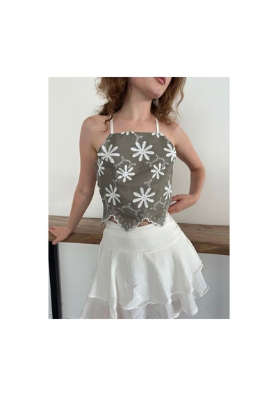 Verymoda Çiçek Motifli Askılı Bluz D3122 Haki