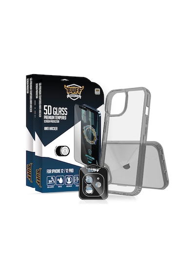 Buff Apple iPhone Uyumlu 12  Paket - 2x5d Ekran Koruyucu + Şeffaf Kılıf + Lens Koruyucu Anti-hacker Koyu Siyah