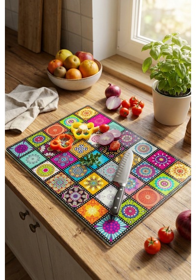 Makri Home Dekoratif Desenli Cam Kesme Tahtası 25 Cm 35 Cm Çok Renkli
