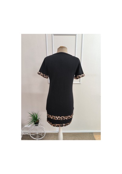 Butik İstanbul Kadın Kısa Kollu Bisiklet Yaka Leopar Şerit Detaylı Kısa Modal Elbise Siyah
