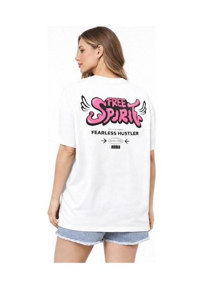 Herkesemoda Free Spirit Yazı Detaylı Basic T-shirt Beyaz