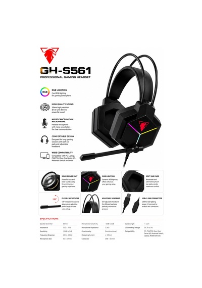 Jedel Gaming Gh-561 Rgb Işıklı Mikrofonlu Oyuncu Kulaklığı Usb 50mm Sürücü