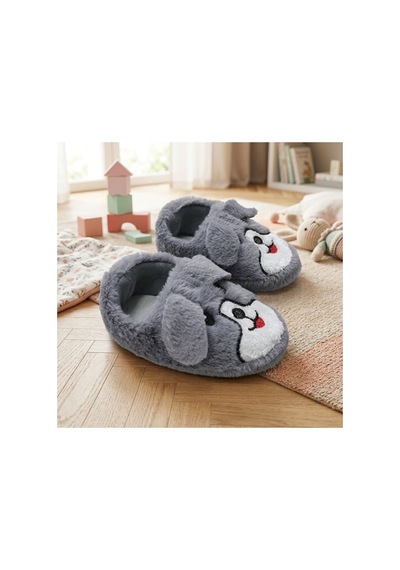 Modafocus Çocuk Köpekli Peluş Panduf - Gri Gri