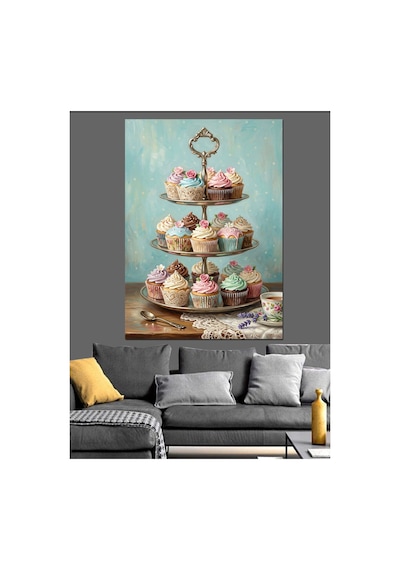 Üç Katlı Renkli Cupcake Standı Yağlı Boya Dokulu Kanvas Tablo Canvas Tablosu
