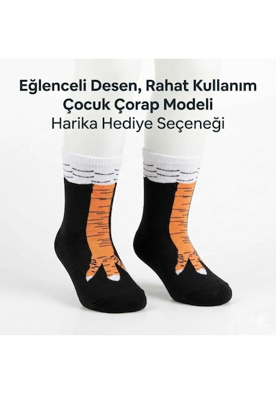COjans Tavuk Desenli Çocuk Çorap Siyah Turuncu Eğlenceli Hayvan Figürlü Yumuşak Dokulu Günlük Çorap Çok Renkli