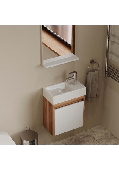 Aqua Bagno Minizia Banyo Dolabı 45 X 26 Cm. Doğal Ceviz -beyaz ,lavabo Dahil Abs.50.35.06.01 Ceviz - Beyaz