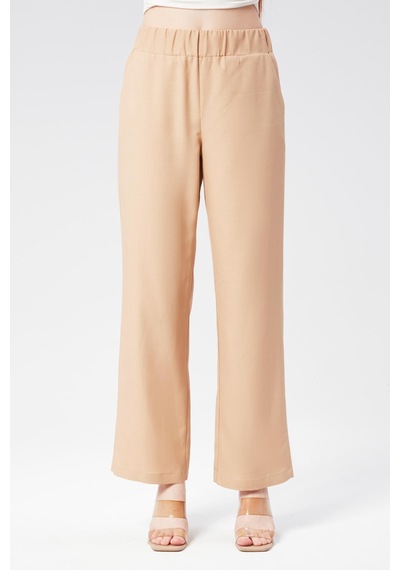 Braccas Kadın Keten Görünümlü Yandan Cepli Beli Lastikli Relaxed Fit Pantolon Taş Taş