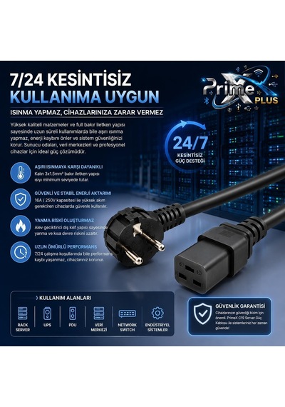 Primex Px-srv15 2 Metre 3x1.5mm C19 Ups Server Power Kablo, Full Bakır C19 Schuko Güç Kablosu, 16a 250v Sunucu Pdu Ups Veri Merkezi Güç Bağlantı Kablosu, Siyah Diger