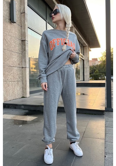 Official Eşofman Takımı Sweatshirt Jogger - Gri Baskılı Oversize Şardonlu Bisiklet Yaka Gri
