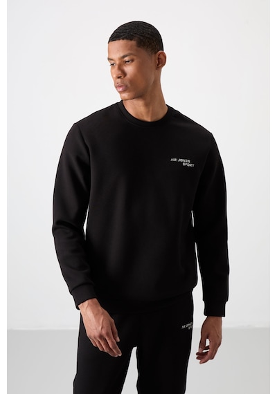 Tommy Life Ekru - Siyah Pamuklu Kalın Yumuşak Dokulu Comfort Fit Nakışlı Erkek Eşofman Takım - 85254 Siyah