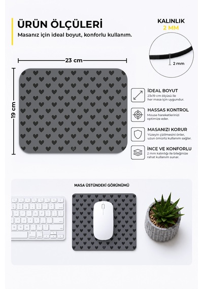 Siyah Renkli Kalpli Desenli Ergonomik Mouse Pad, Kaymaz Yüzey İle Ev Ve Ofis Kullanımı İçin İdeal
