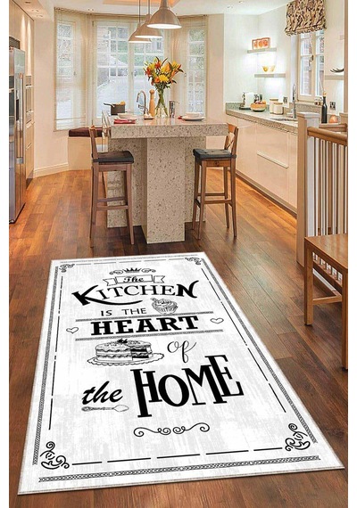 Beyaz Kaymaz Tabanlı Kitchen Yazılı Mutfak Halısı Ar507
