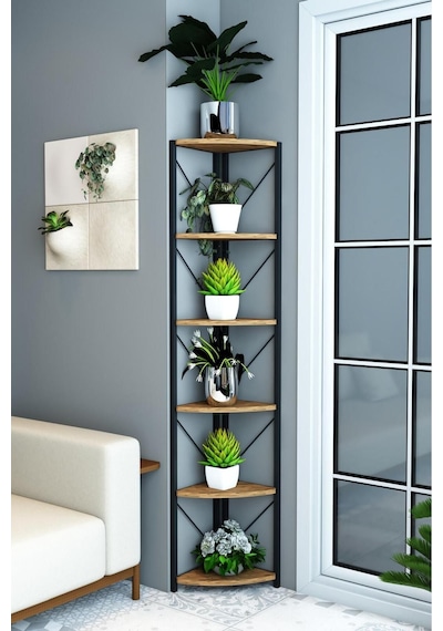 Form 6 Raflı Metal Köşe Rafı Saksılık Çiçeklik Çok Amaçlı Dekoratif Duvar Rafı 180 Cm Ceviz Kahverengi